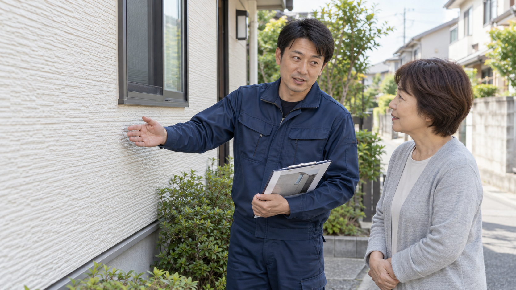 住宅の外壁を確認しながら、お客様に説明するイメージ