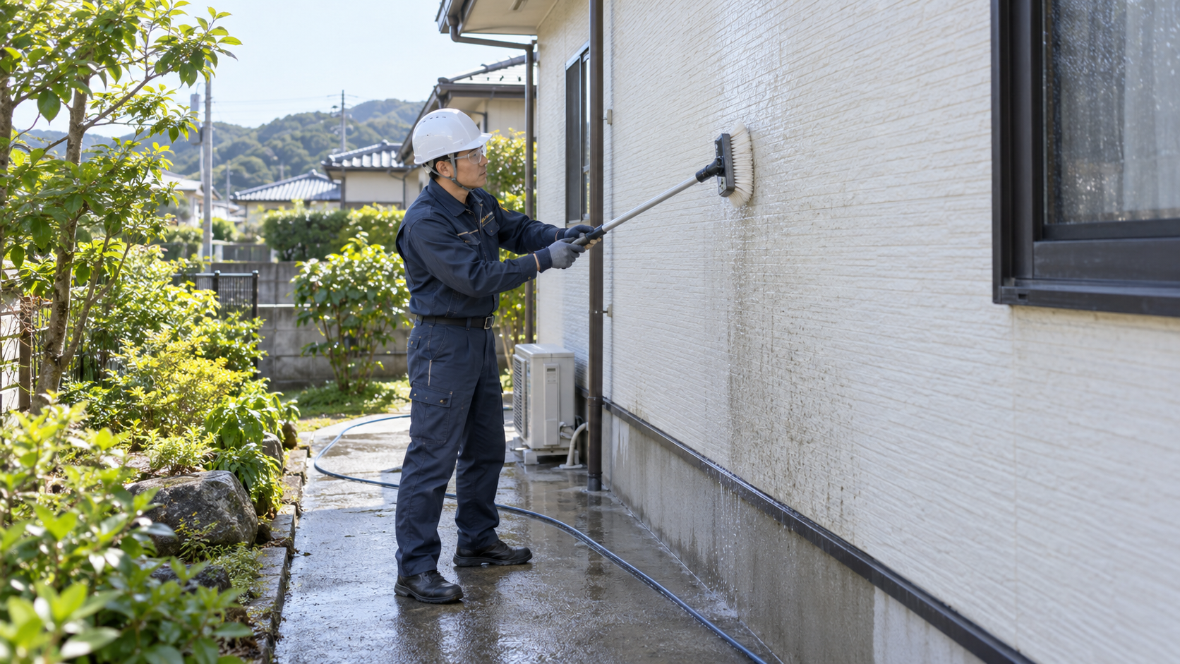 ブラシを使って住宅の外壁を洗浄する作業イメージ