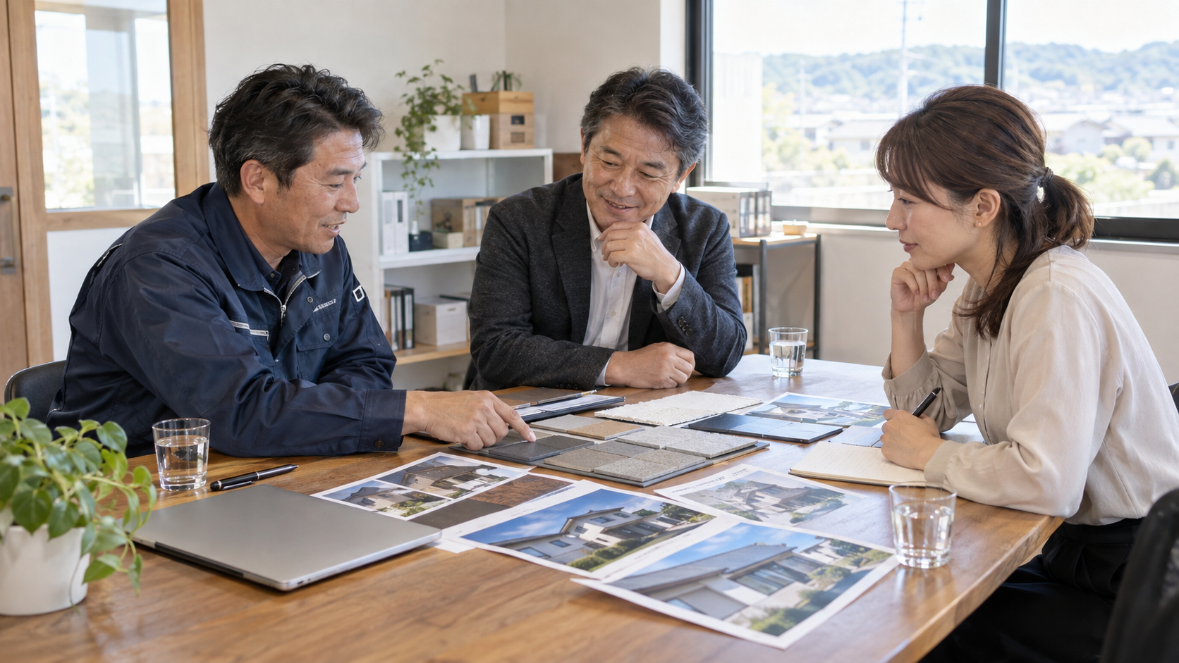 資料を囲み、住まいのメンテナンスについて打ち合わせるイメージ