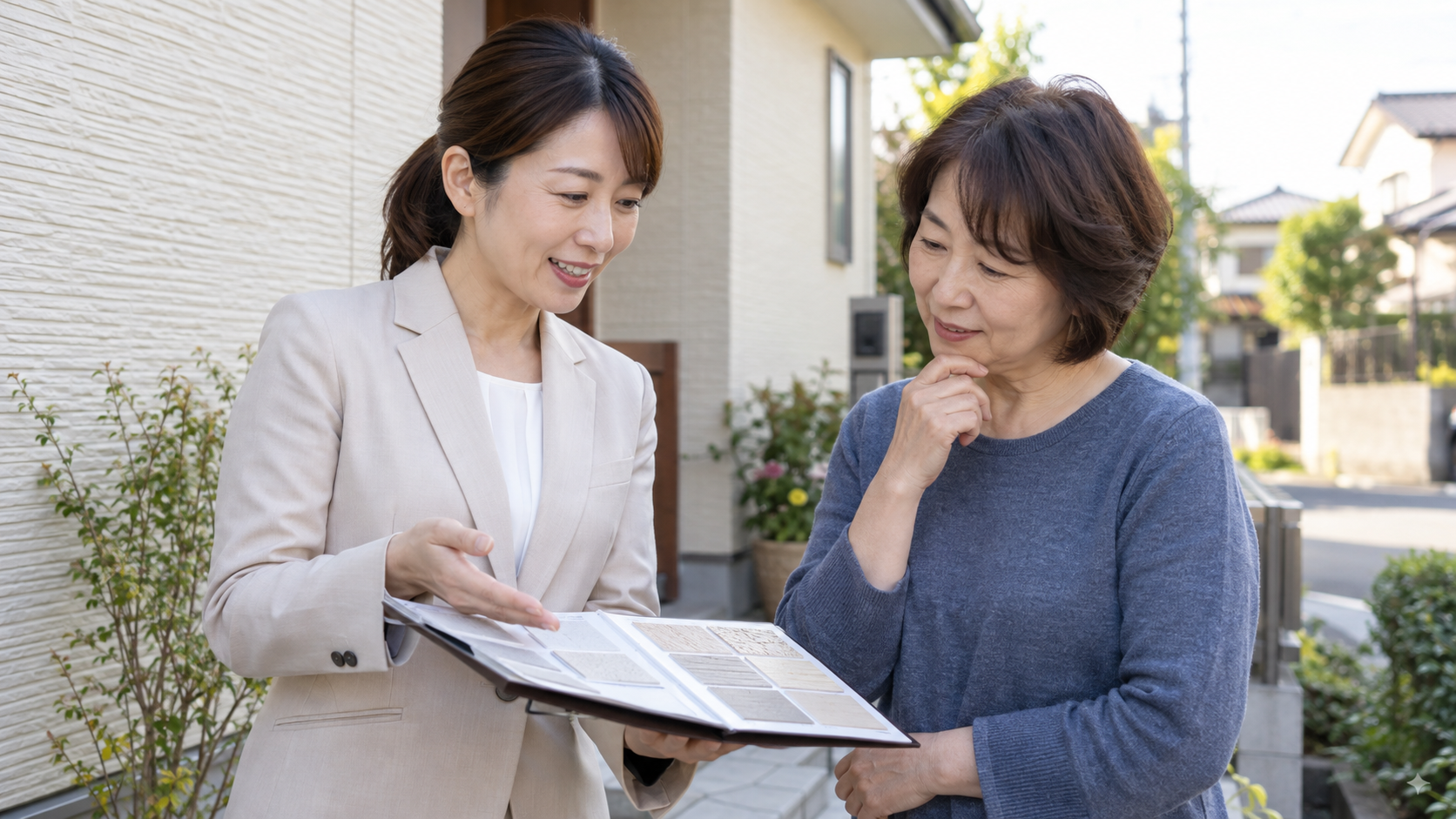 資料を見ながら、お客様へ住まいのメンテナンスを提案するイメージ